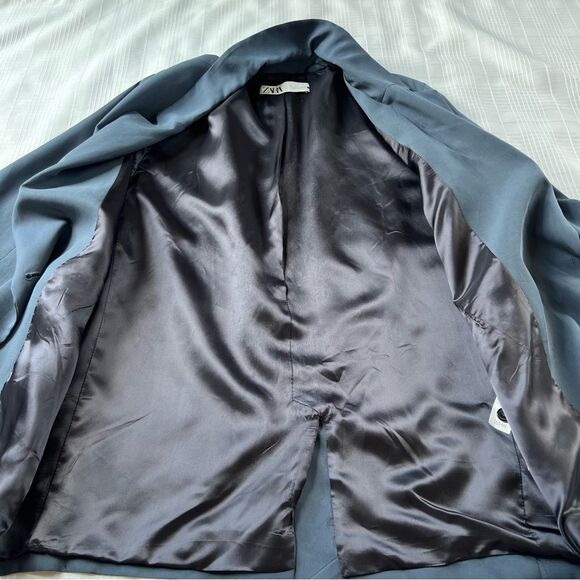 Zara Oversized Slate Blue One Button Front Faux Pocket Soft Blazer Size L - Picture 10 of 16